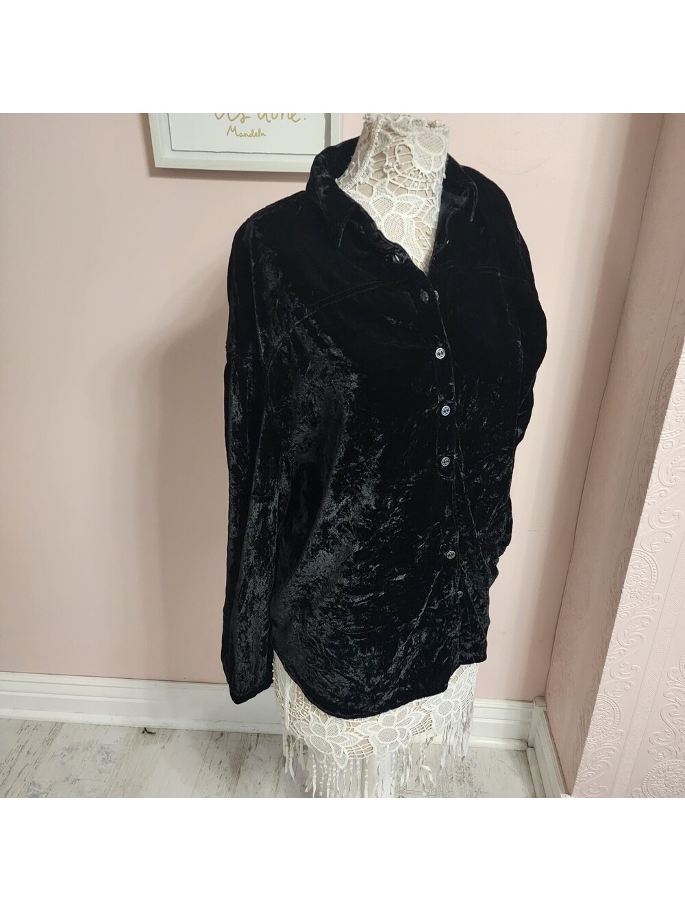 Free People We The Free Black Velvet Button Down Shirt Small Oversized